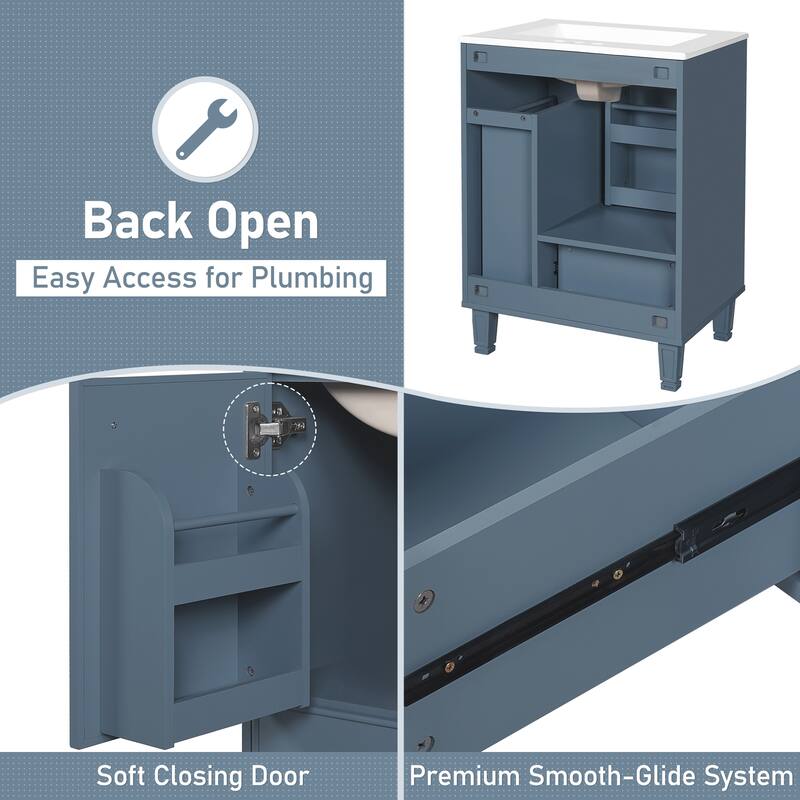 Roomfitters 24" Compact Bathroom Vanity with Ceramic Sink, Solid Wood Frame, 2-Tier Pull-Out Basket and Deep Drawer, Grey