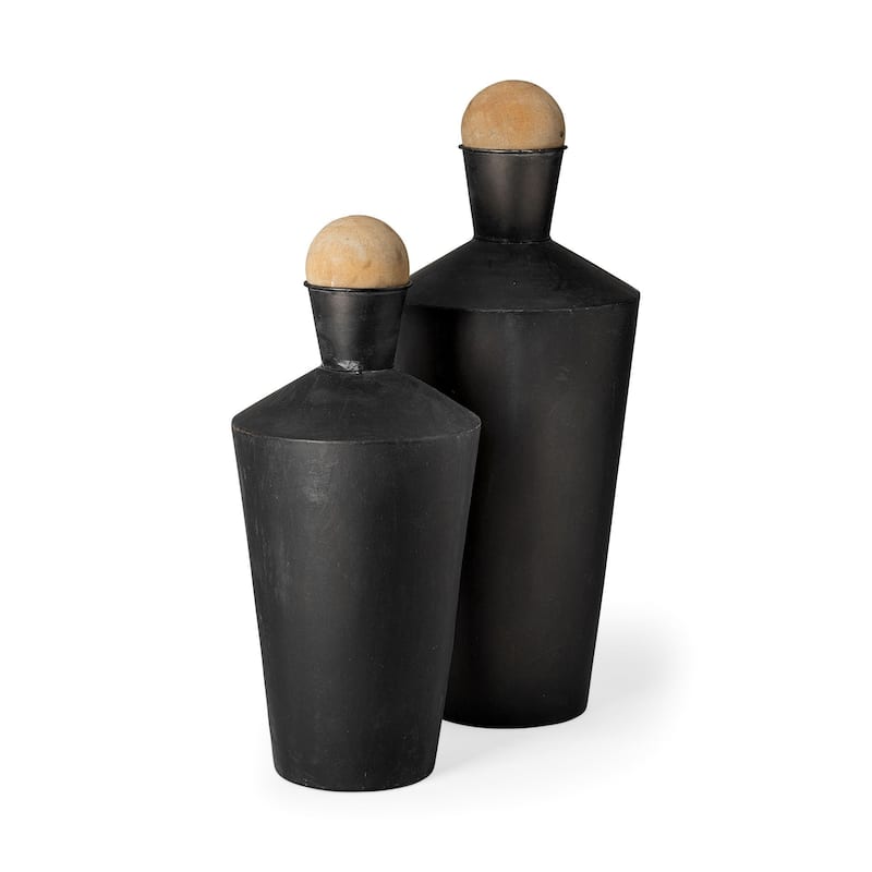 Black and Brown Metal Wood Urn Vases Set of 2 Cylindrical Distressed Finish - Black-Brown