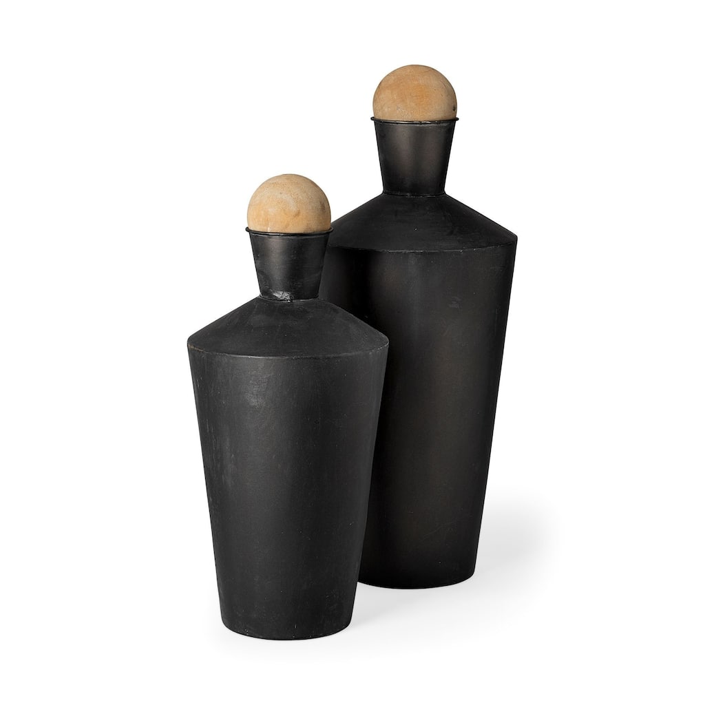 Black and Brown Metal Wood Urn Vases Set of 2 Cylindrical Distressed Finish
