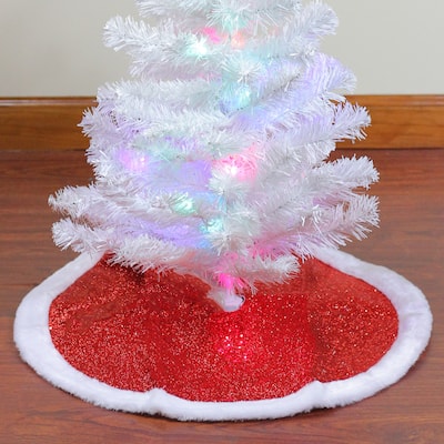 20" Red Glittered Mini Christmas Tree Skirt With a Faux Fur Trim