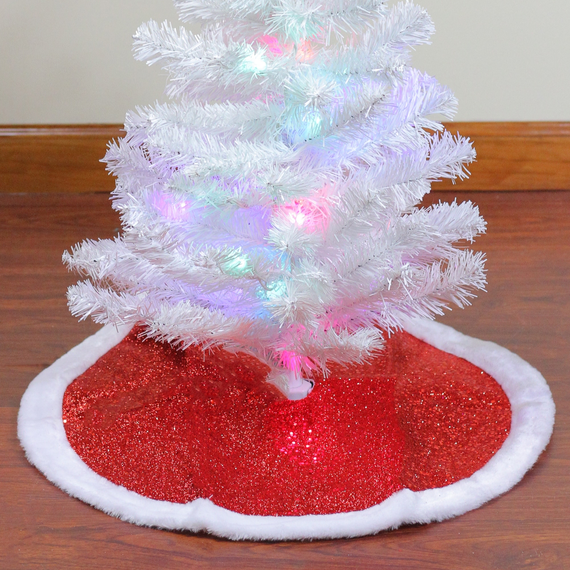 20" Red Glittered Mini Christmas Tree Skirt With a Faux Fur Trim