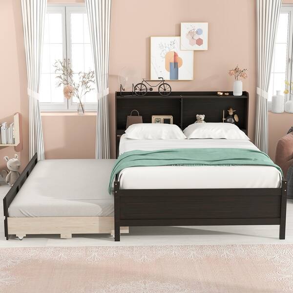slide 2 of 23, Full Size Wood Frame Platform Bed with Storage Headboard and Twin Trundle Espresso