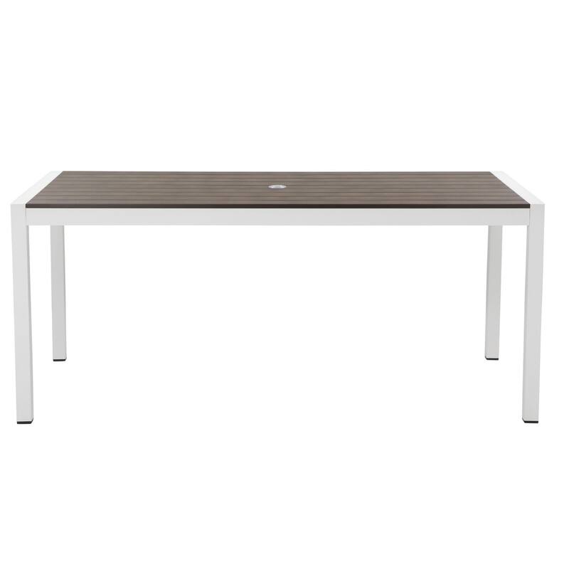 Fifi 71 Inch Outdoor Dining Table, Gray Polyresin Top, White Aluminum Frame