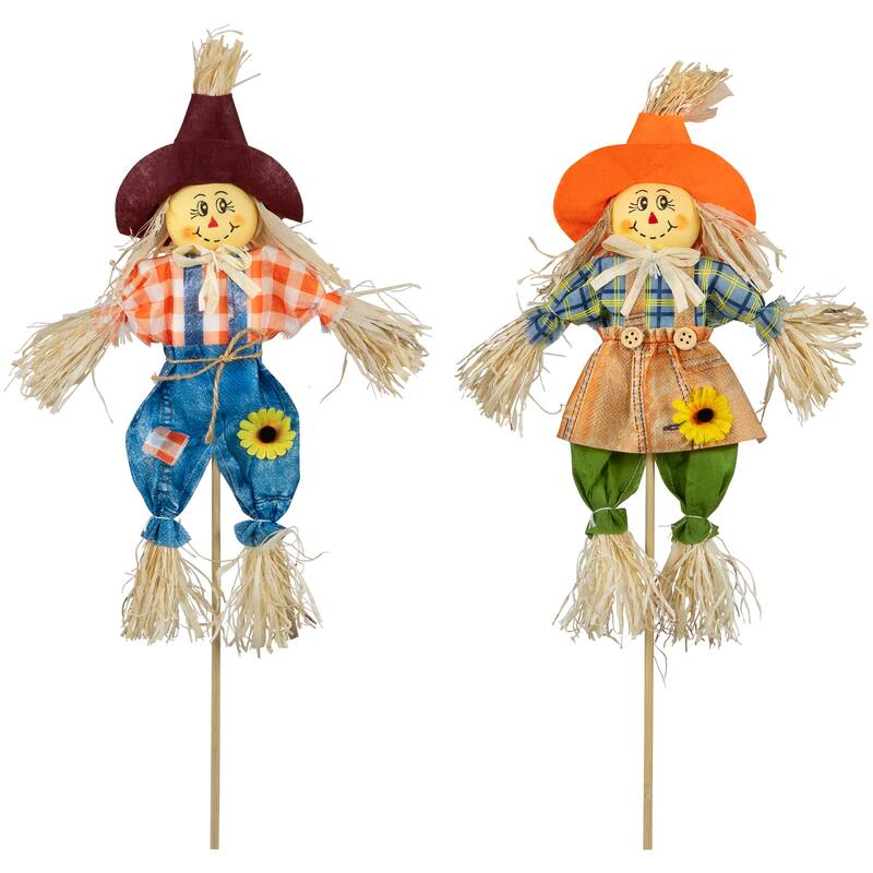 Set of 2 Boy and Girl Fall Harvest Scarecrow Picks 18"