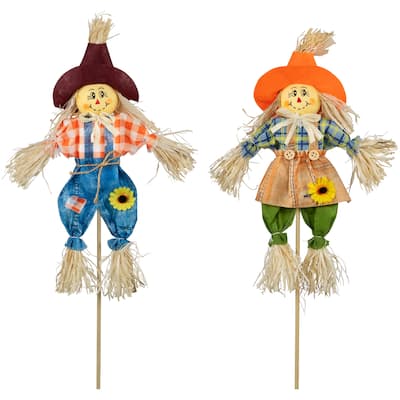Set of 2 Boy and Girl Fall Harvest Scarecrow Picks 18"