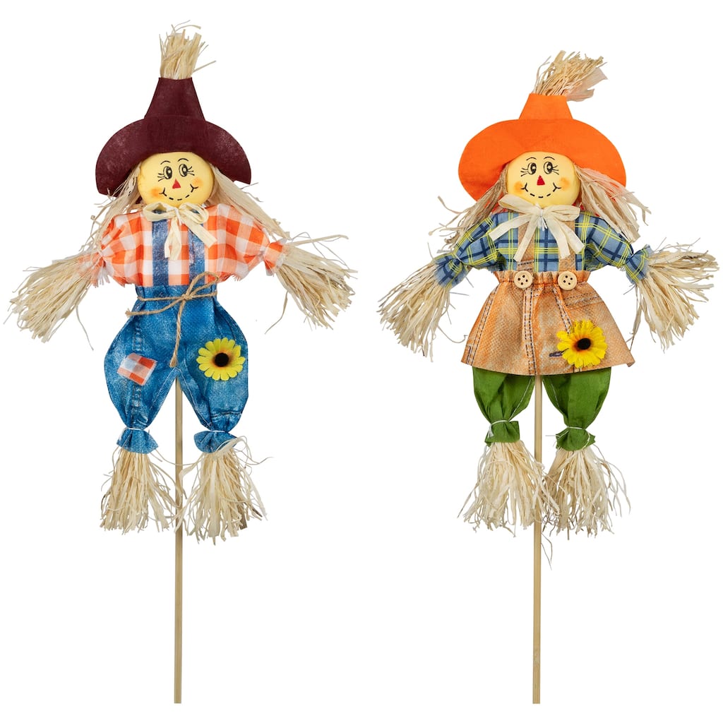 Set of 2 Boy and Girl Fall Harvest Scarecrow Picks 18"