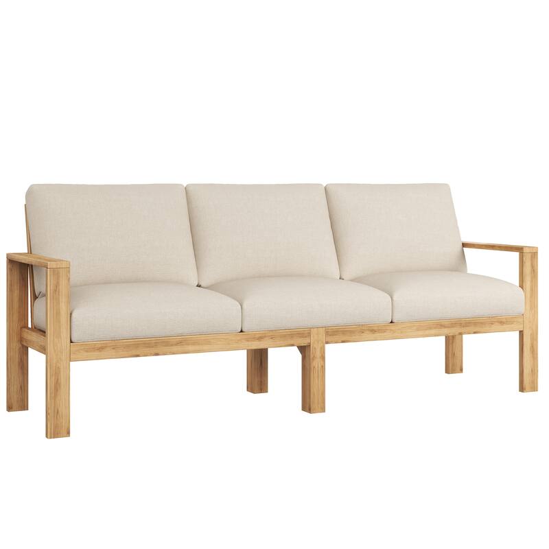 Upholstered Sectional Sofa Set, 3pcs Acacia Conversation Sets with Ottoman Chaise Lounge and Coffee Table for Garden