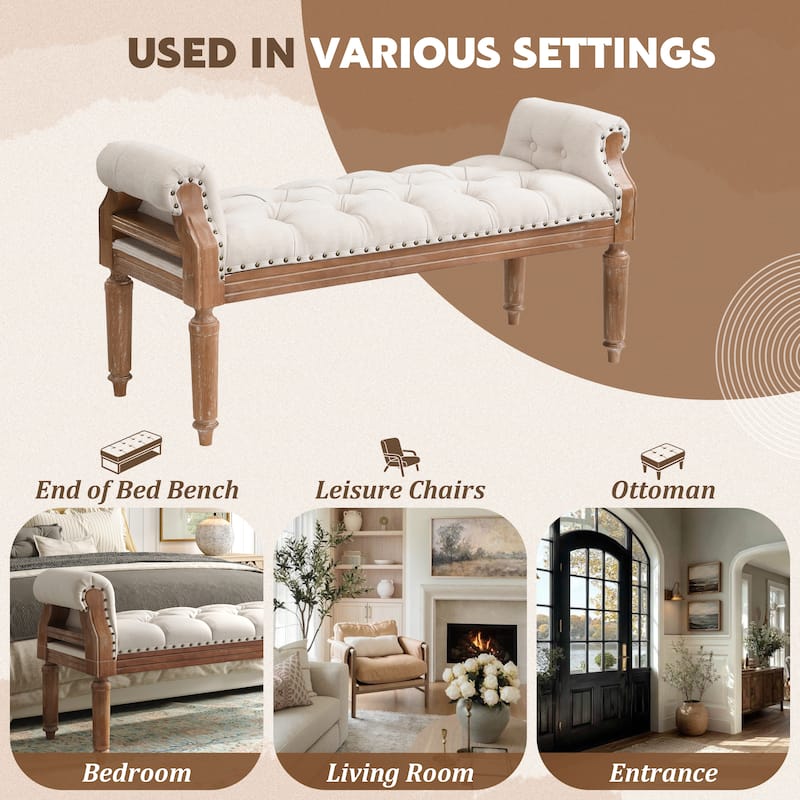 Christopher Knight Home - Mid-Century Solid Rubberwood Upholstered Bench with Rolled Arms, Button-Tufted Cushion & Nailhead Trim