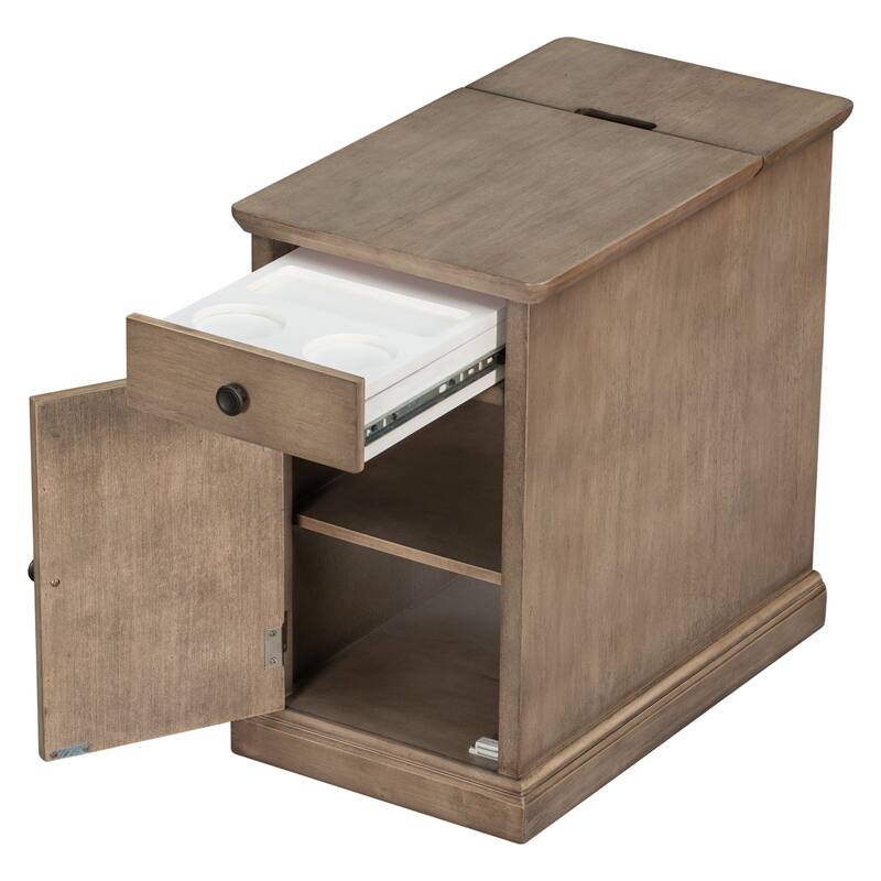 14" Vintage Rectangular Solid Wood End Table with USB Ports and One Multifunctional Drawer