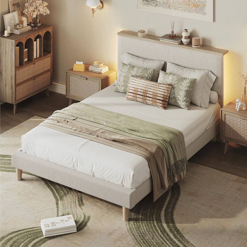 Bestier Bed Frame Velvet Upholstered Platform Bed Frame with Storage Headboard and LED Lights