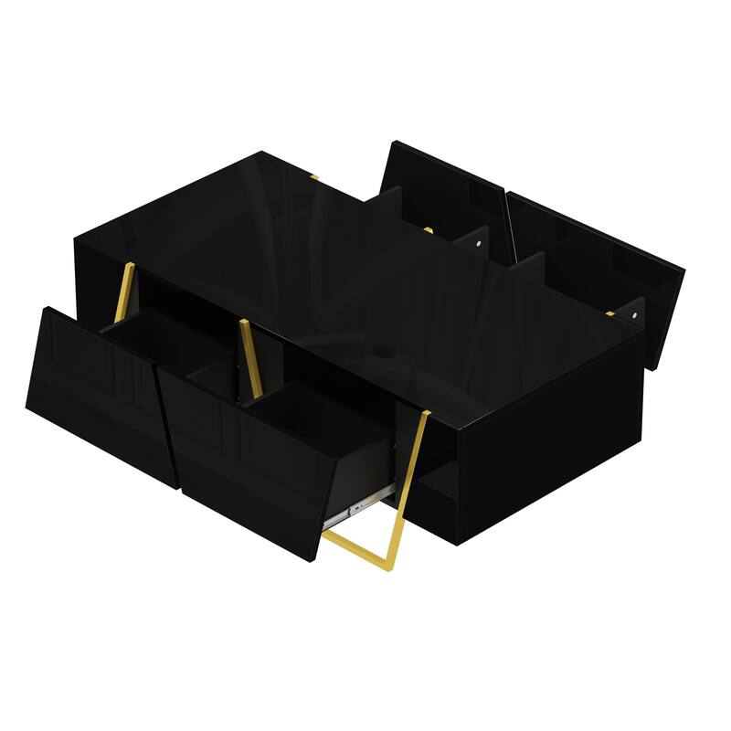 47.2" Modern Rectangular High Gloss Coffee Table for Living Room with Storage and Gold Base, 4 drawers, Black
