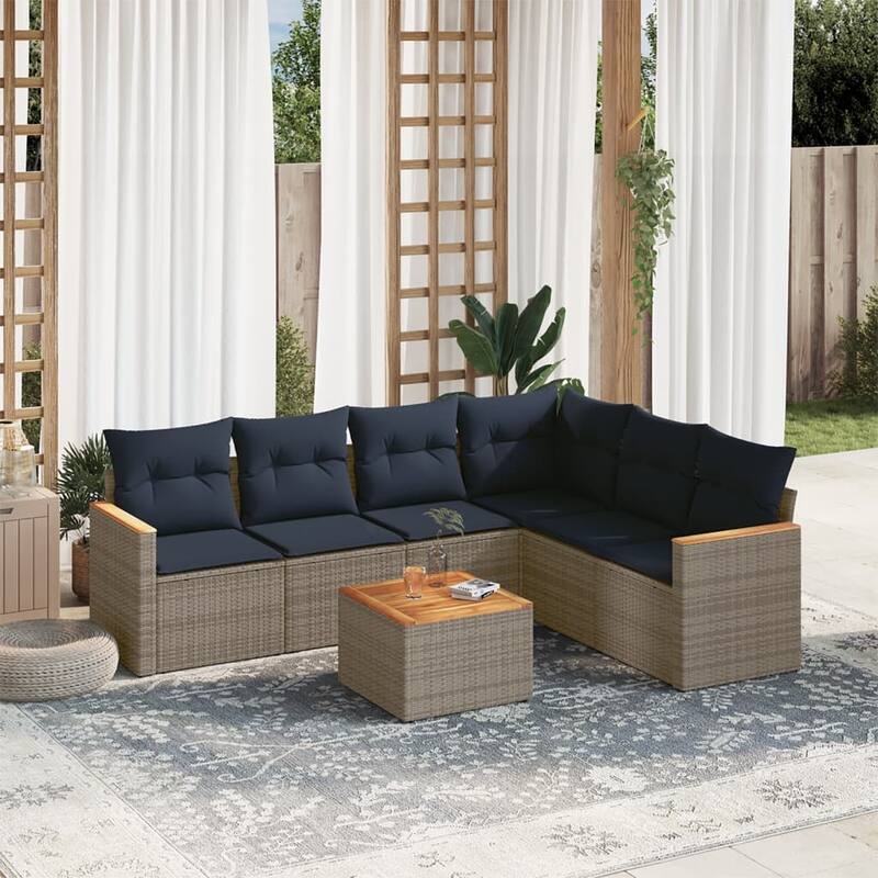 vidaXL Patio Sofa Set with Cushions Outdoor Conversation Furniture Poly Rattan - 24.4x 24.4x 27.2 - Grey and Blue-With table