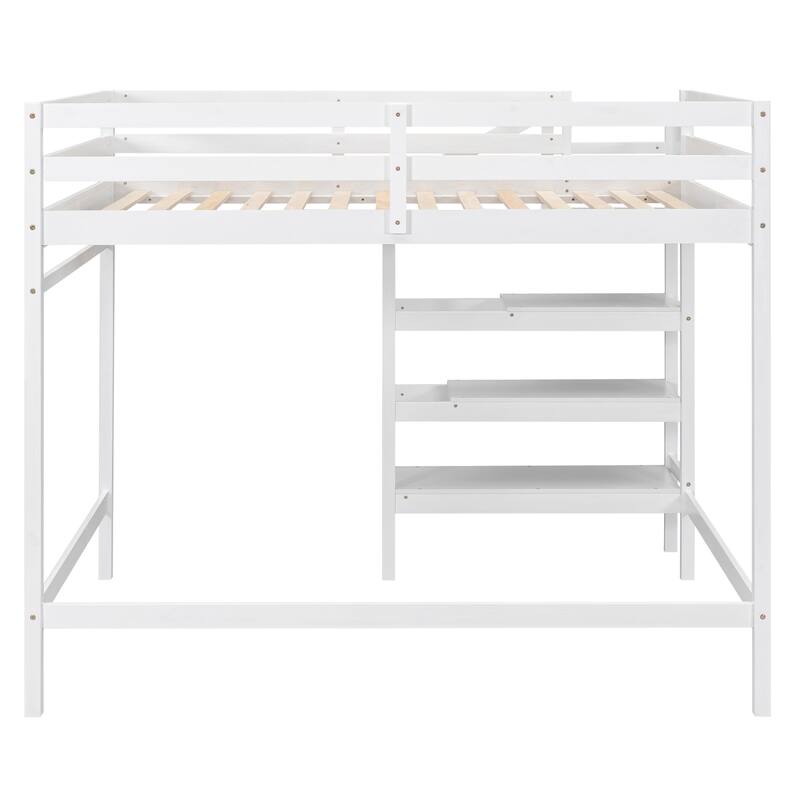 Full Size Loft Bed with Shelves Stairs and Hanger, Wooden Loftbed Frame for Bedroom Sturdy Wood Loft Full Size Frame Bed