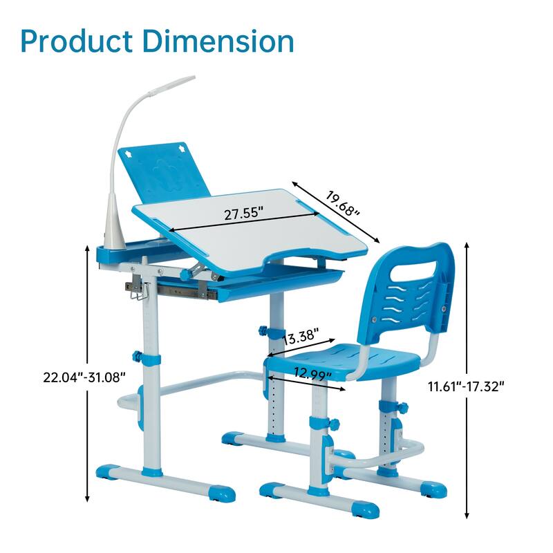 Ukuowu Height Adjustable Child's School Study Kids Desk and Chair Set with Tilt Desktop, LED Light, Storage Drawer, Book Stand