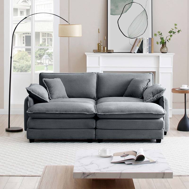81" 2-Seater Sectional Sofa with 2 Ottoman Corduroy Upholstered Couch for Living Room, Apartment, Leisure Loveseat with Pillows