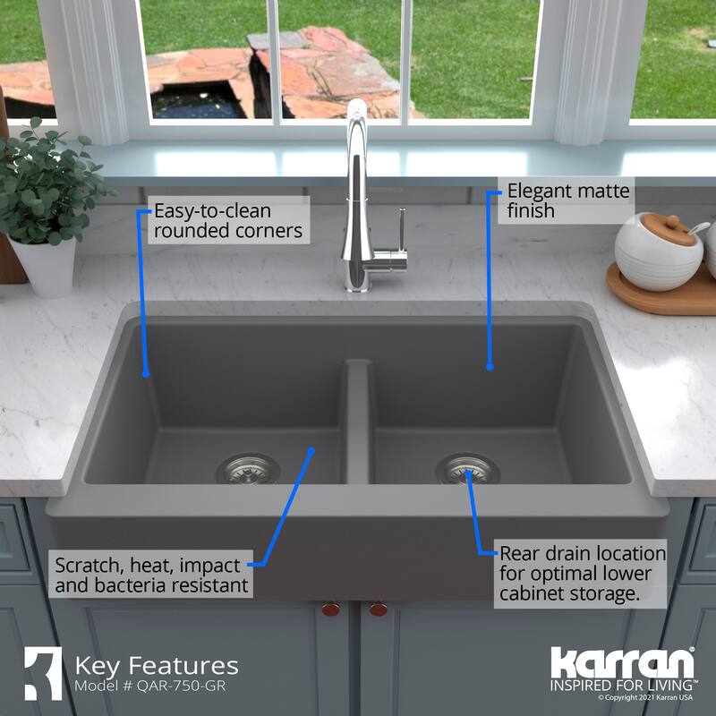 Karran Retrofit Farmhouse Quartz 34 in. Double Bowl 50/50 Sink Kit