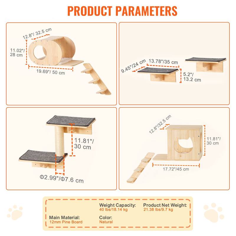 Wall-Mounted Cat Furniture Set with 2 Nests, Hammocks & Tree