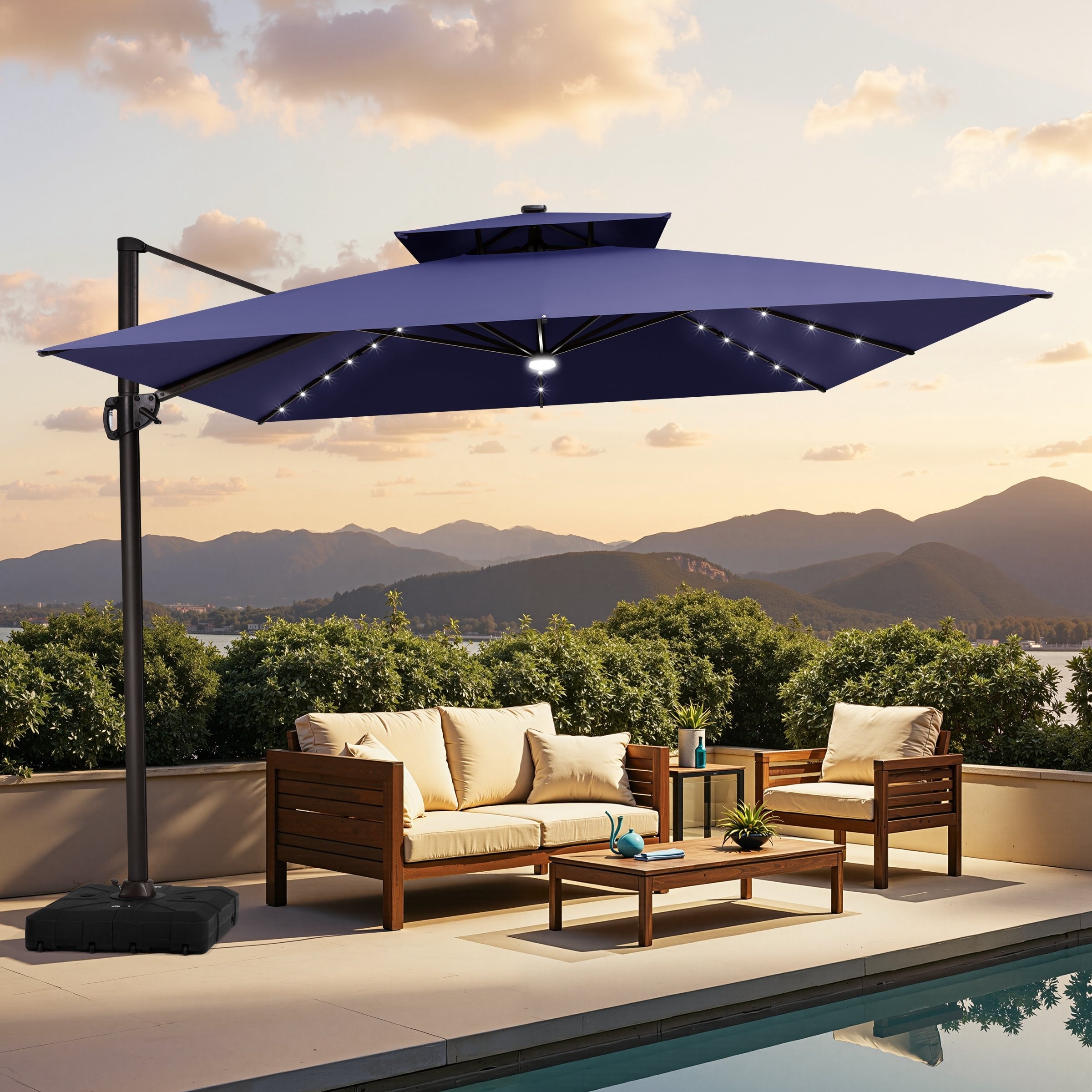 11 FT Solar-Powered LED Patio Cantilever Umbrella with Double Canopy and Base