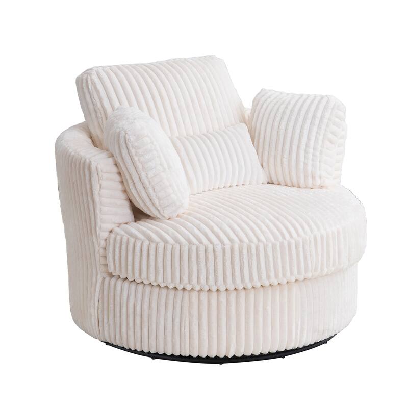 Corduroy Swivel Barrel Chair, Ergonomic Upholstered Round Armchair, Reading Sofa Chair with 3 Pillows & Thick Cushion