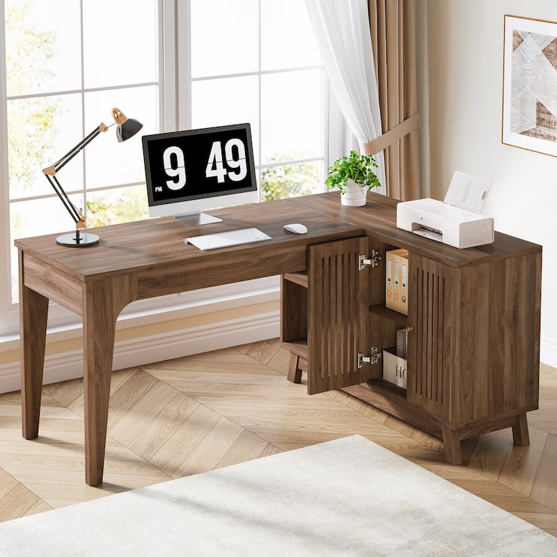 57'' Wood L-Shaped Corner Computer Desk Writing Table with Cabinet