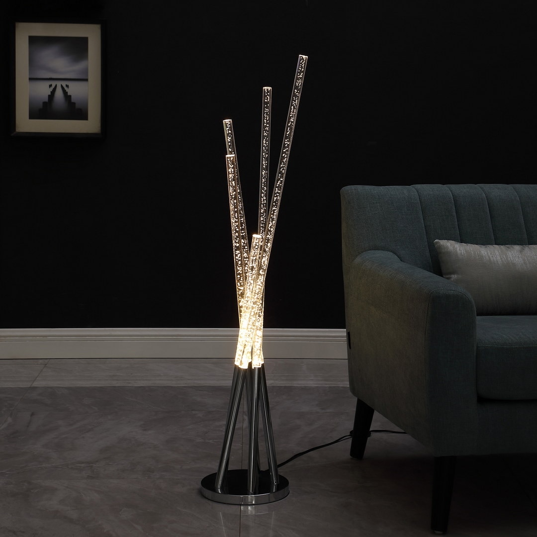 Modern Silver Chrome Floor Lamp with Acrylic Bubble Tubular LED Shades and Step On Switch