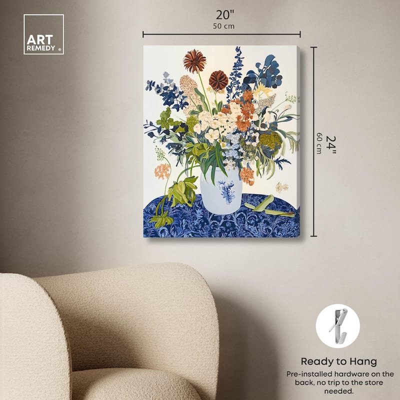 Dahlia Dream in Delft Blue Canvas by Art Remedy, Gallery Wrapped