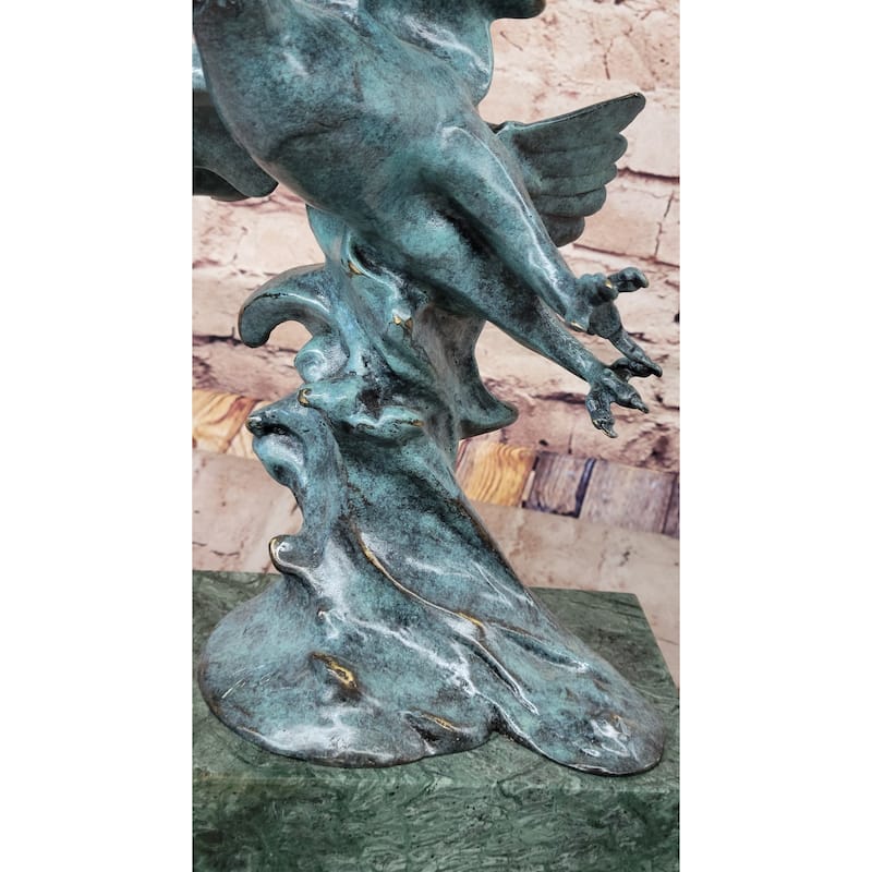 American Bald Eagle Wings Spread Green Bronze Sculpture Statue On Marble Base