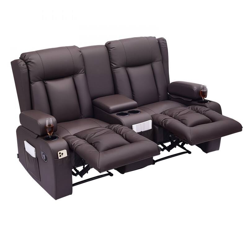 Brown PU Leather Manual Recliner Loveseat with High Back, Storage and Cup Holders - 65.5 x 36.2 x 40.9 in