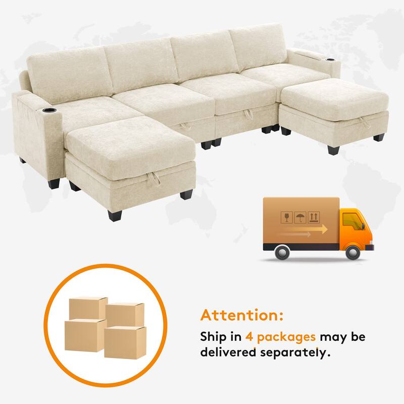 Chenille Sectional Sofa, Hidden Storage & Modular Design