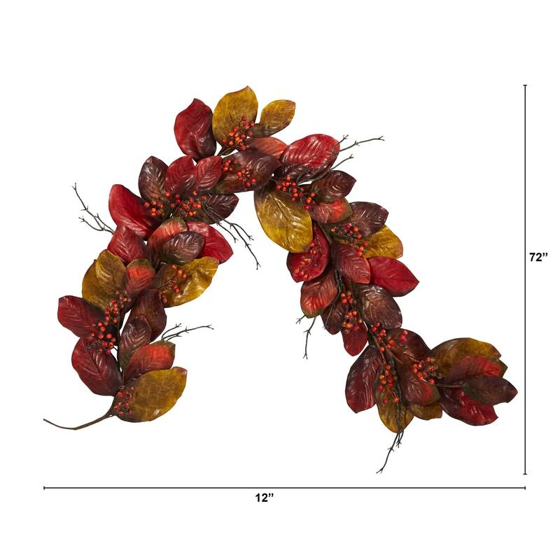 6’ x 12" Magnolia Leaves with Berries Artificial Fall Harvest Garland, Unlit