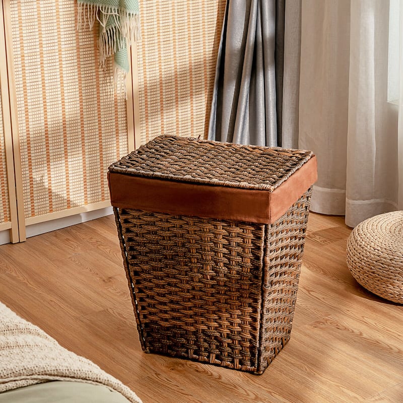 Gymax Handwoven Laundry Hamper Foldable w/Removable Liner, Lid & - 17.5'' X 12'' X 21''