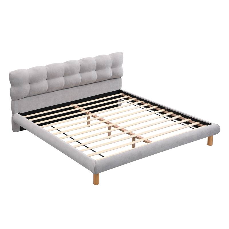 King Size Chenille Upholstered Platform Bed with Unique Curved Headboard, Grey Fabric, Sturdy Rubber Wood Frame, Easy Assembly