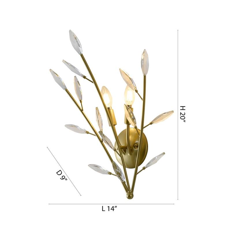 2-Light Gold Branch Wall Sconce With Clear Crystal Accents