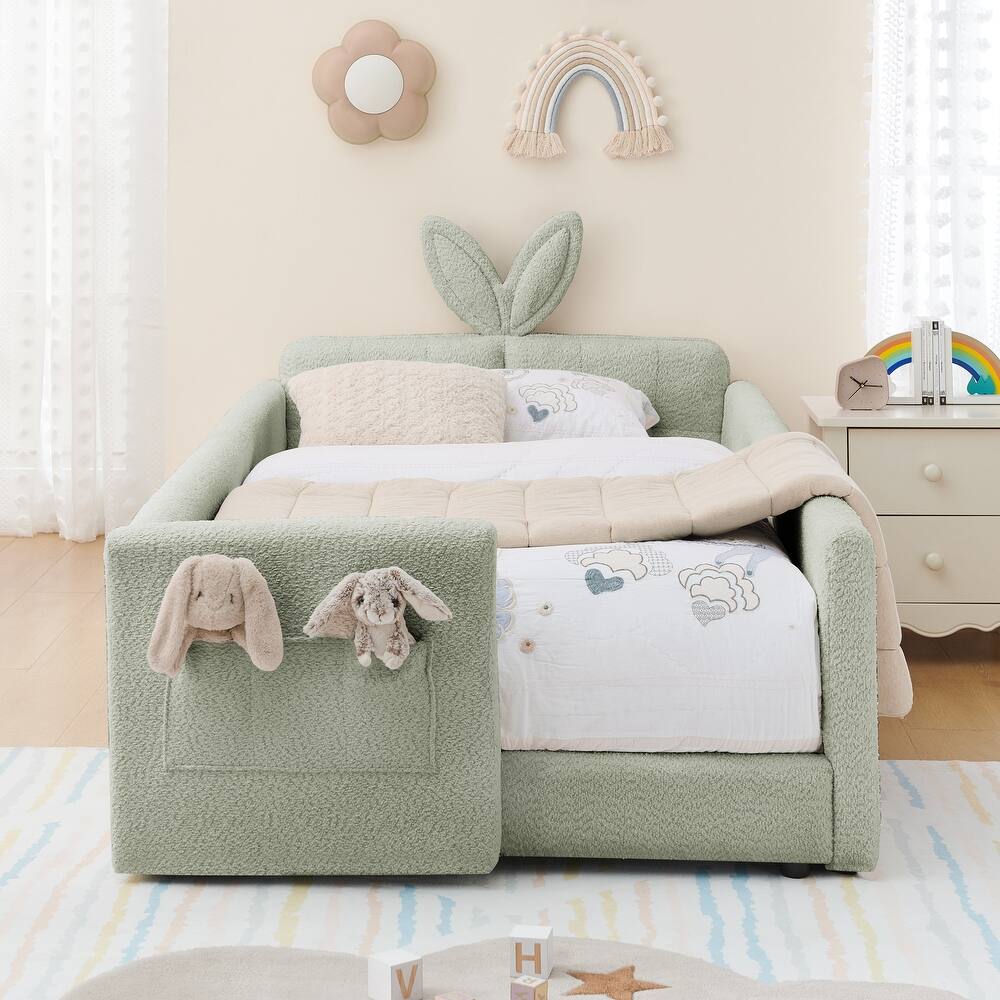 Twin Upholstered Platform Bed with Bunny Ear Headboard, Safety Rail & Pocket in Boucle Fabric