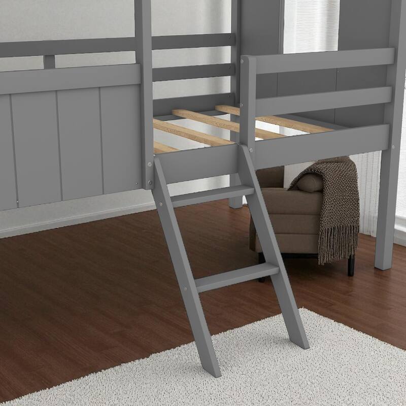 Twin Size House Bed with Roof and Side Windows, Low Loft Wooden Frame for Kids, No Box Spring Needed