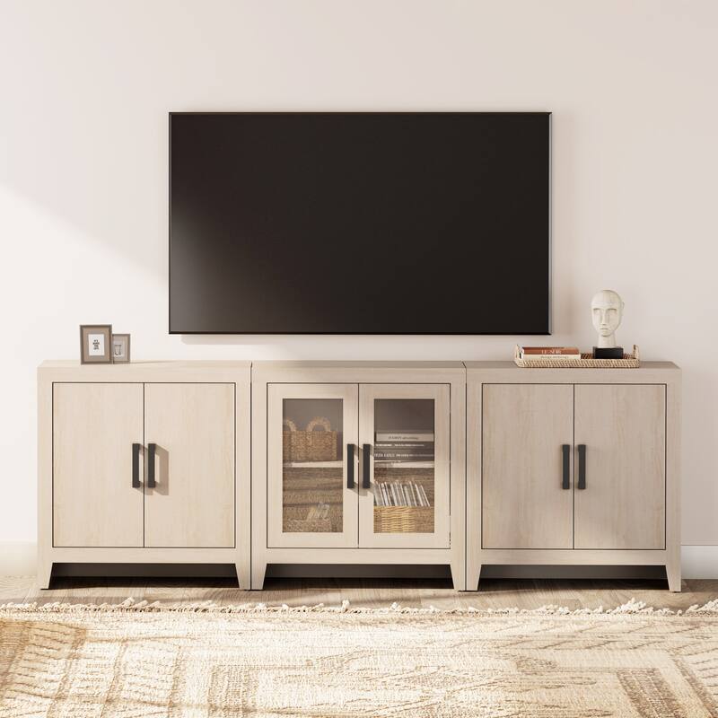 WAMPAT Farmhouse Buffet Cabinet with Glass Doors, 3-Piece Modular Sideboard with Adjustable Shelves