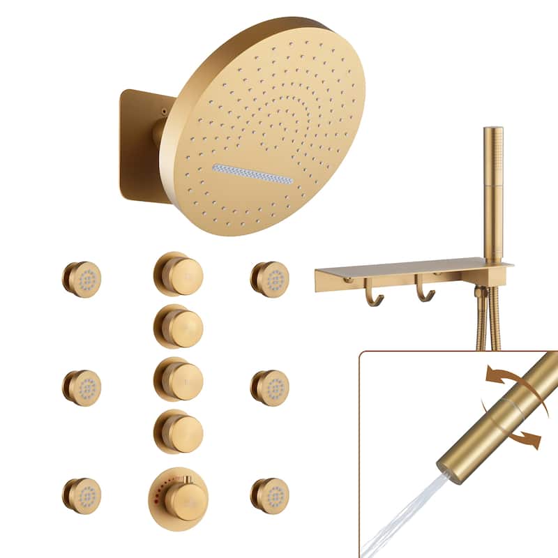 CASAINC Thermostatic 4 Functions 12 inch Rainfall Showerhead with Handheld Spray & 6 Body Jets Set Rain Shower System