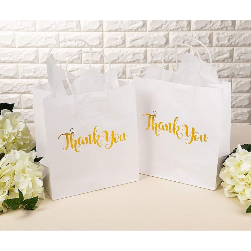 Blue Panda 15 Pack Medium White Thank You Paper Bags with Handles, Tissue Paper, 8x4x8.8 in
