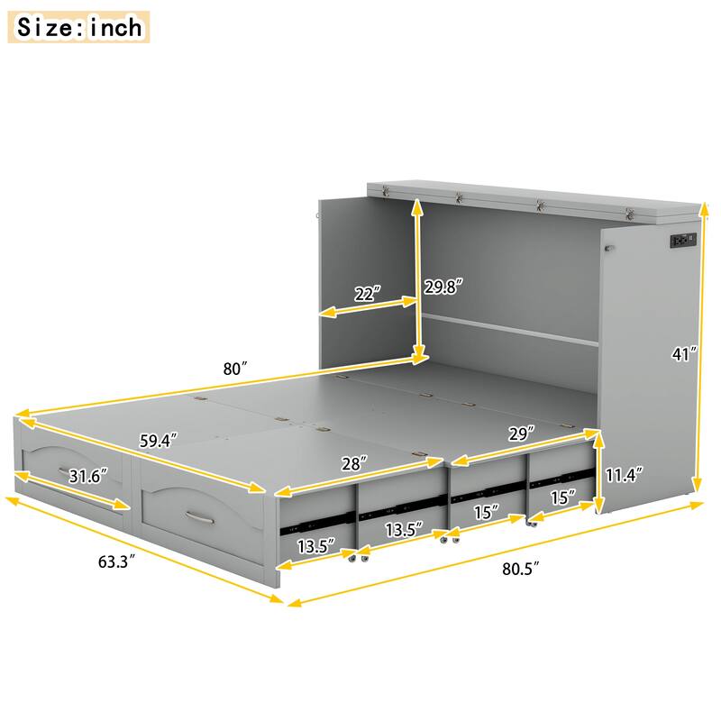 Murphy Bed Wall Bed with drawer and a set of Sockets & USB Ports, Pulley Structure Design