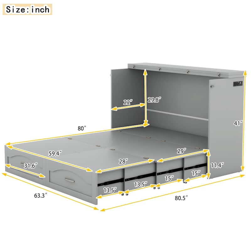 Queen Size Murphy Bed Wall Bed with drawer and a set of Sockets & USB Ports