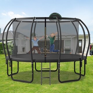 14ft Kids Trampoline with Upgraded Enclosure ArcPole Basketball Board and 10 Ground Stakes
