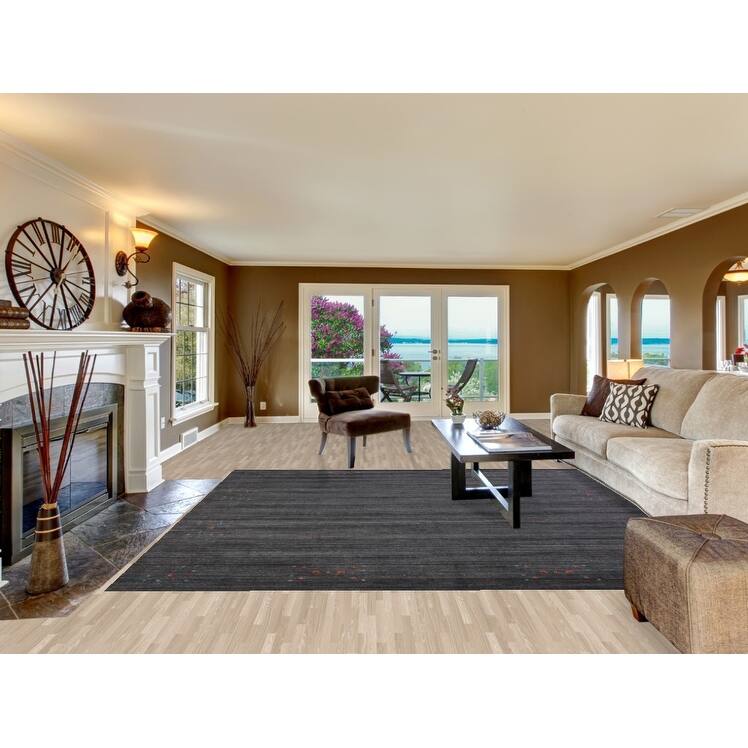Hand Knotted Oriental 100% Wool Carpet Tribal Stripe Greys & Charcoal Gabbeh Area Rug - 9' 6'' X 9' 9''