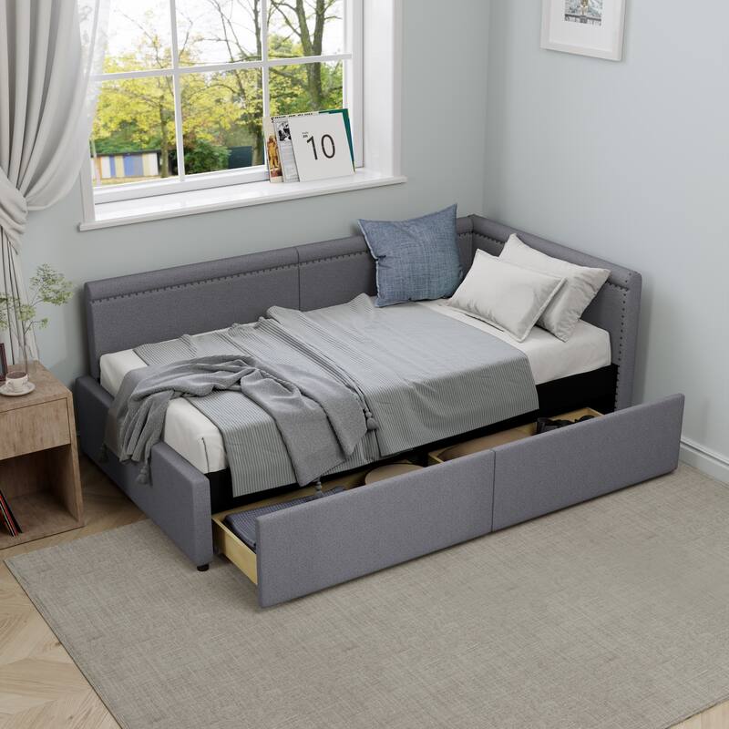 Modern Style Twin Size L Shape Corner Bed, Linen Upholstered Daybed with Two Storage Drawers,Gray