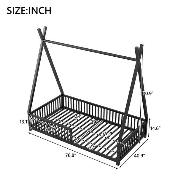 Black Twin Size Metal House Platform Bed with Triangle Structure and Guardrail for Kids, Boys and Girls