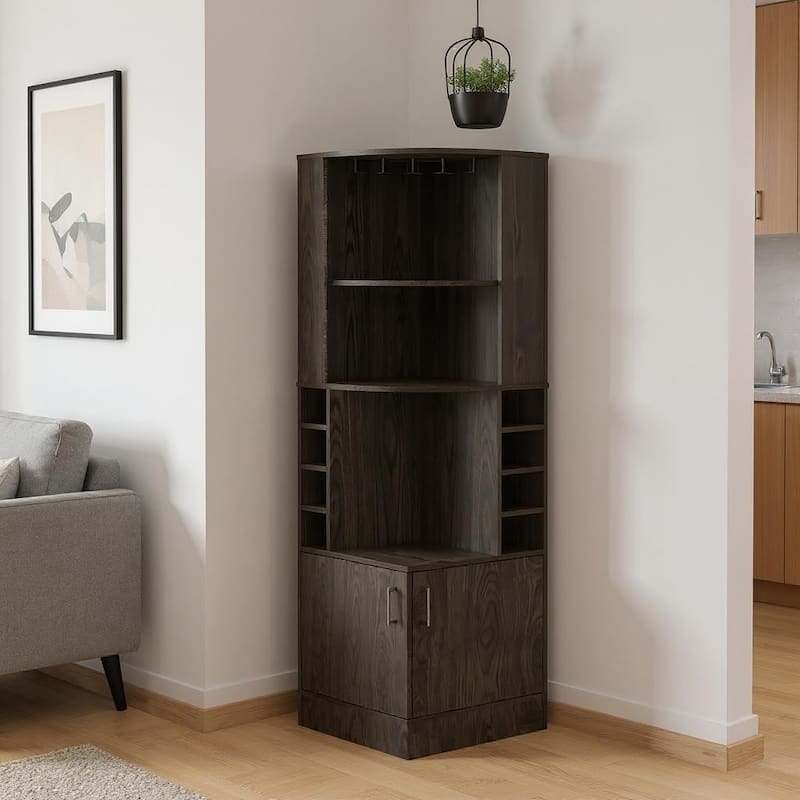 HomeRoots 71" Dark Brown Wood Corner Bar Cabinet With Two Doors - Dark Brown