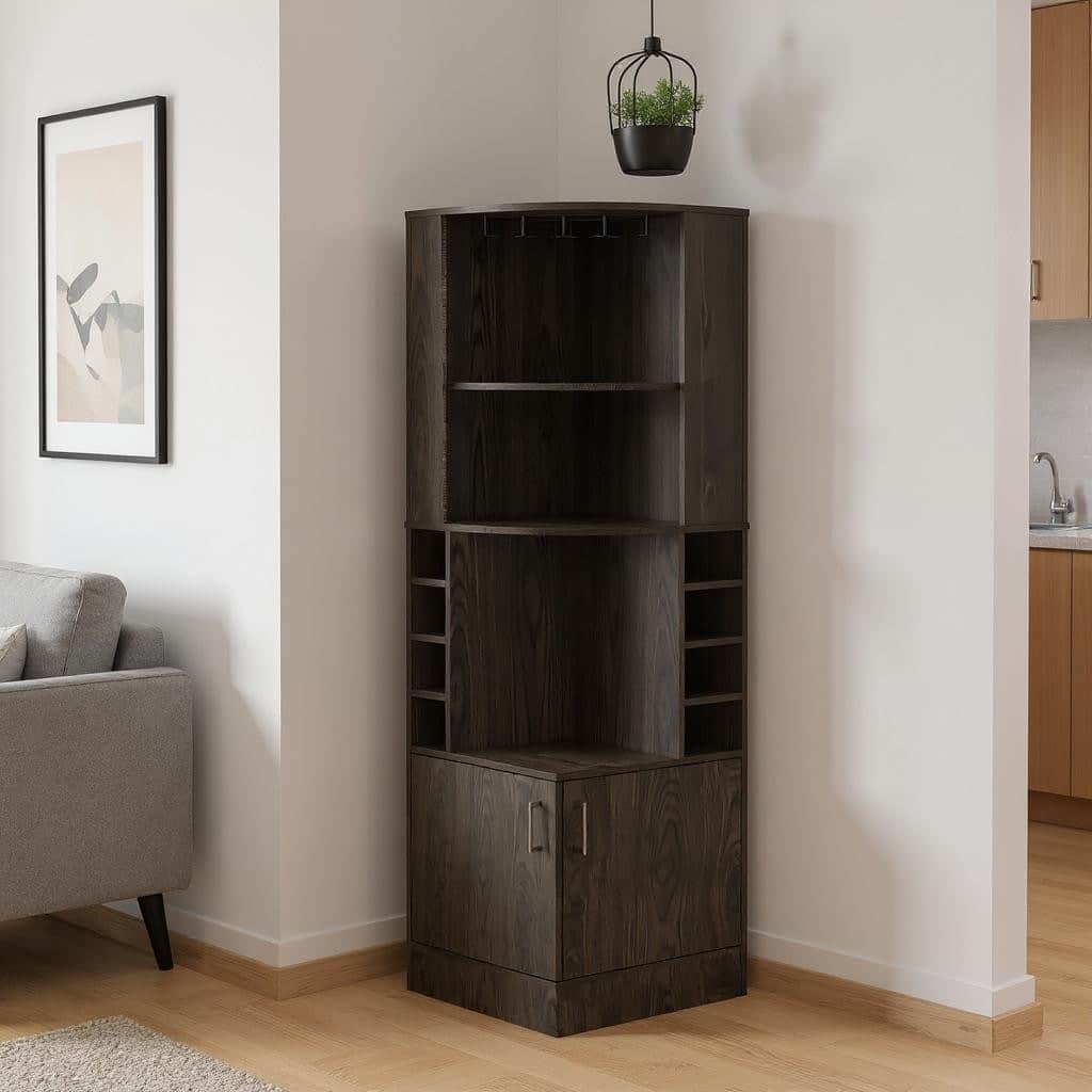 HomeRoots 71" Dark Brown Wood Corner Bar Cabinet With Two Doors