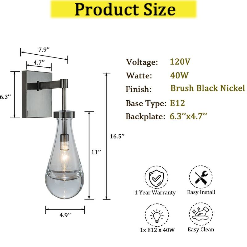 CraftHome W5" Farmhouse Raindrop Glass Bronze/Brush Black Nickel Wall Light Rustic Industrial Teardrop Bathrooom Vanity Light