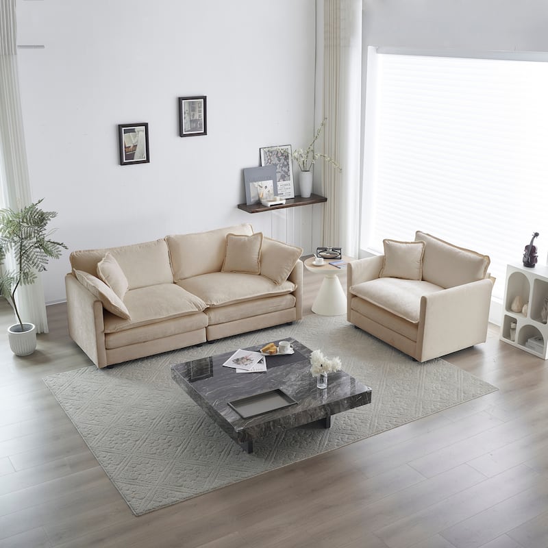 2-Piece Loveseat and Chair Set, Upholstered Leisure Armrest Sofa with Accent Single Chairs, Living Room Chenille Couches Set - Beige