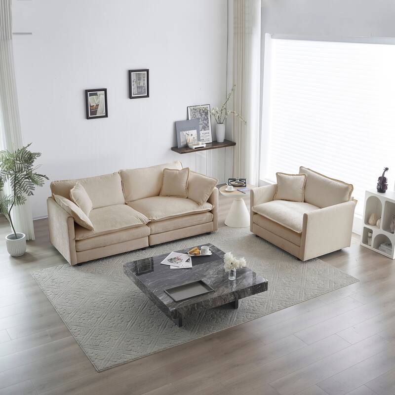 Loveseat and Accent Chair Set, 2-Piece Chenille Upholstered Sofa Set for Living Room, Beige - Beige