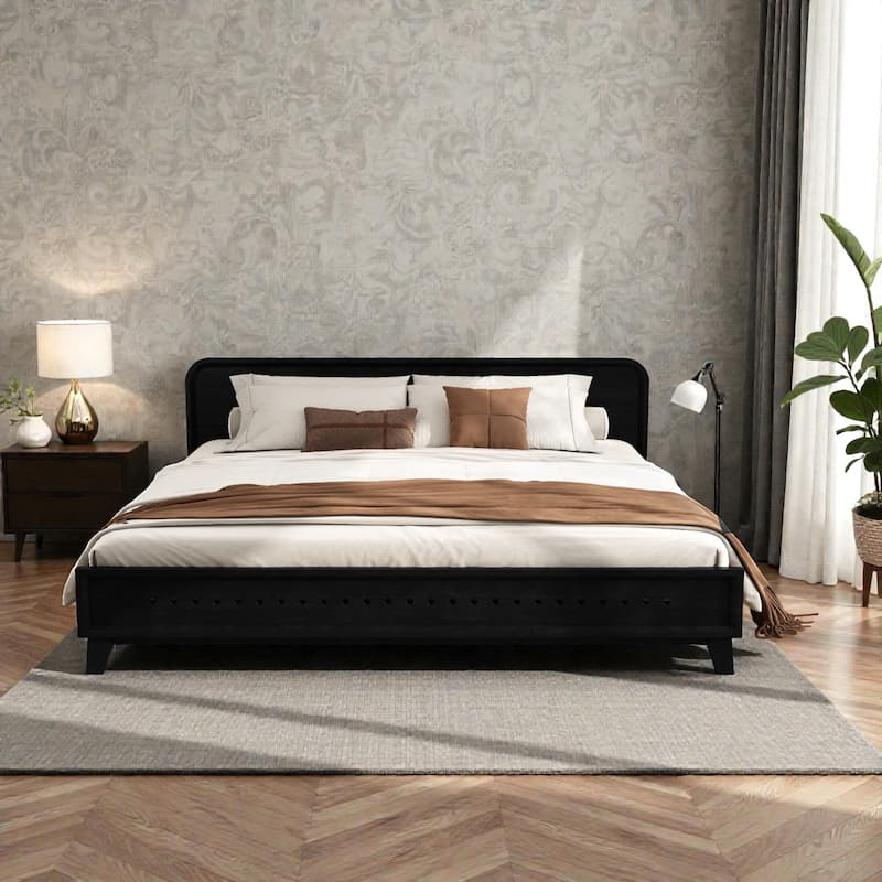 Modern Solid Wood Platform Bed, Pine Wood Queen/King Bed Frame with Slats, Stable No Box Spring - Black - King